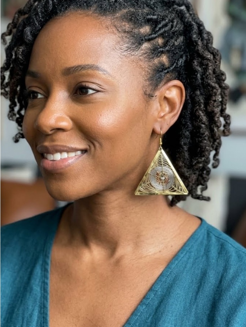 Handmade Copper Triangle Wrapped Statement Dangle  Earrings